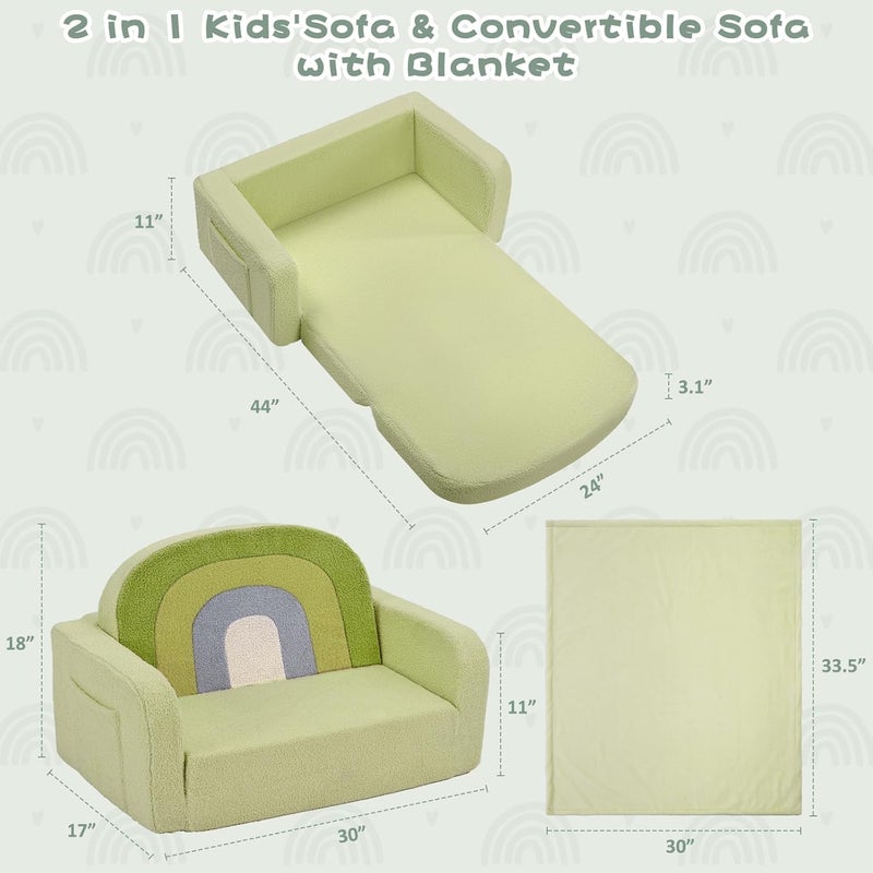 Foryoomi Extra Wide Kids Couch, 2-in-1 Soft Toddler Couch with Blanket, Comfy Toddler Chair, Convertible Sofa with Cute Colorful Rainbow Design, Green - Image 2